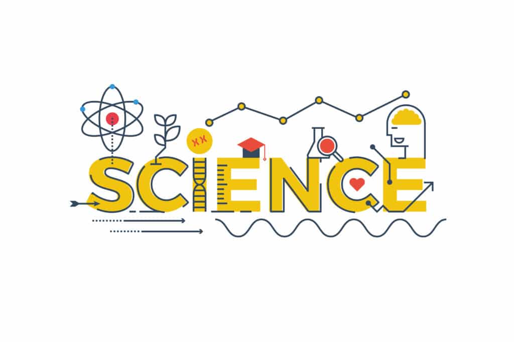 Illustration of SCIENCE word in STEM - science, technology, engineering, mathematics education