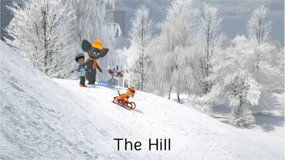 MIT Storybook digital product development. 3D rendering of sledding hill.
