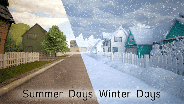 MIT Storybook digital product development. split screen 3D rendering of neighborhood in winter and summer.